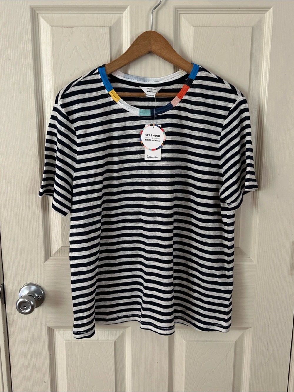 SPLENDID X MARGHERITA navy & white stripe casual linen shirt Size Medium NEW